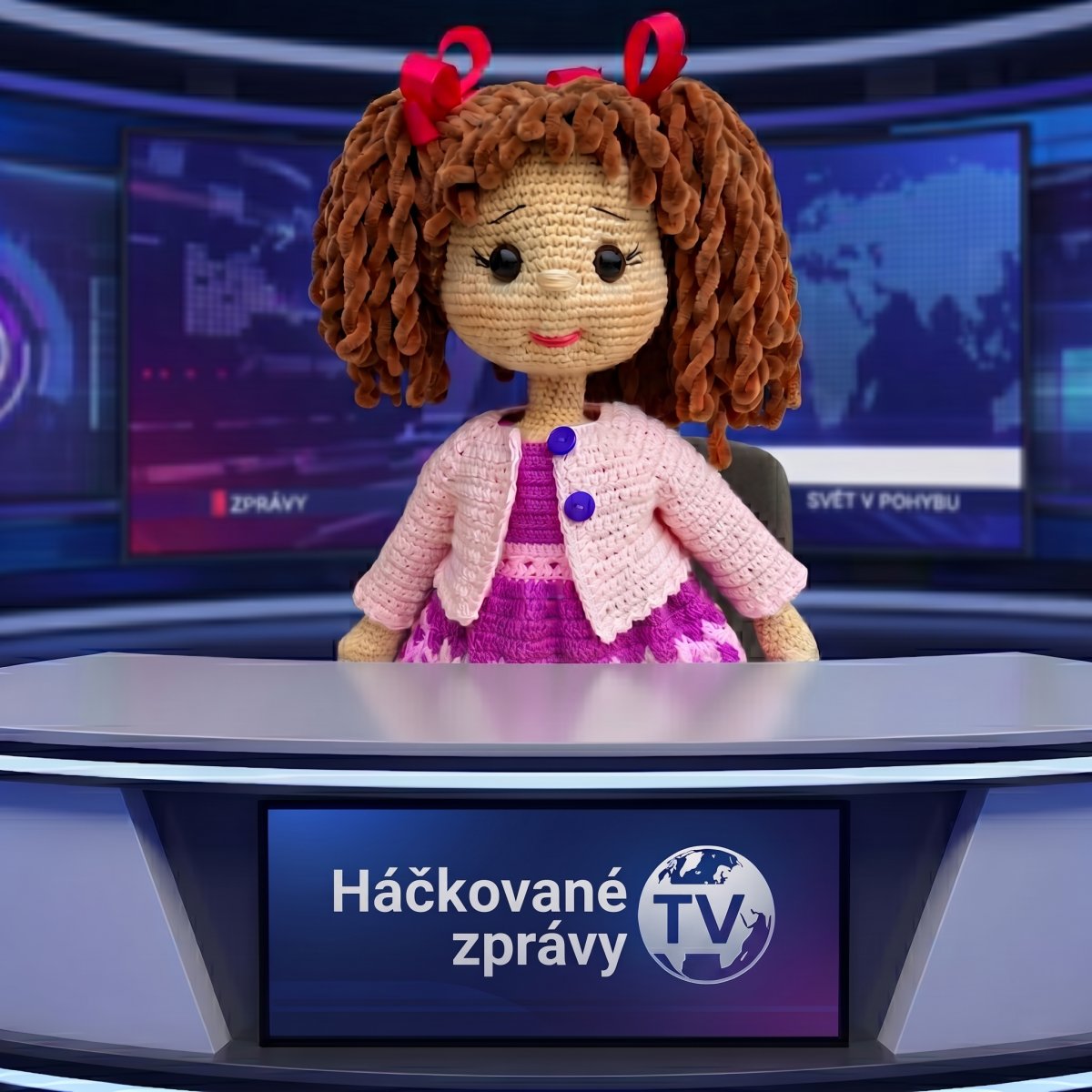 Háčkovaná moderátorka v televizním studiu
